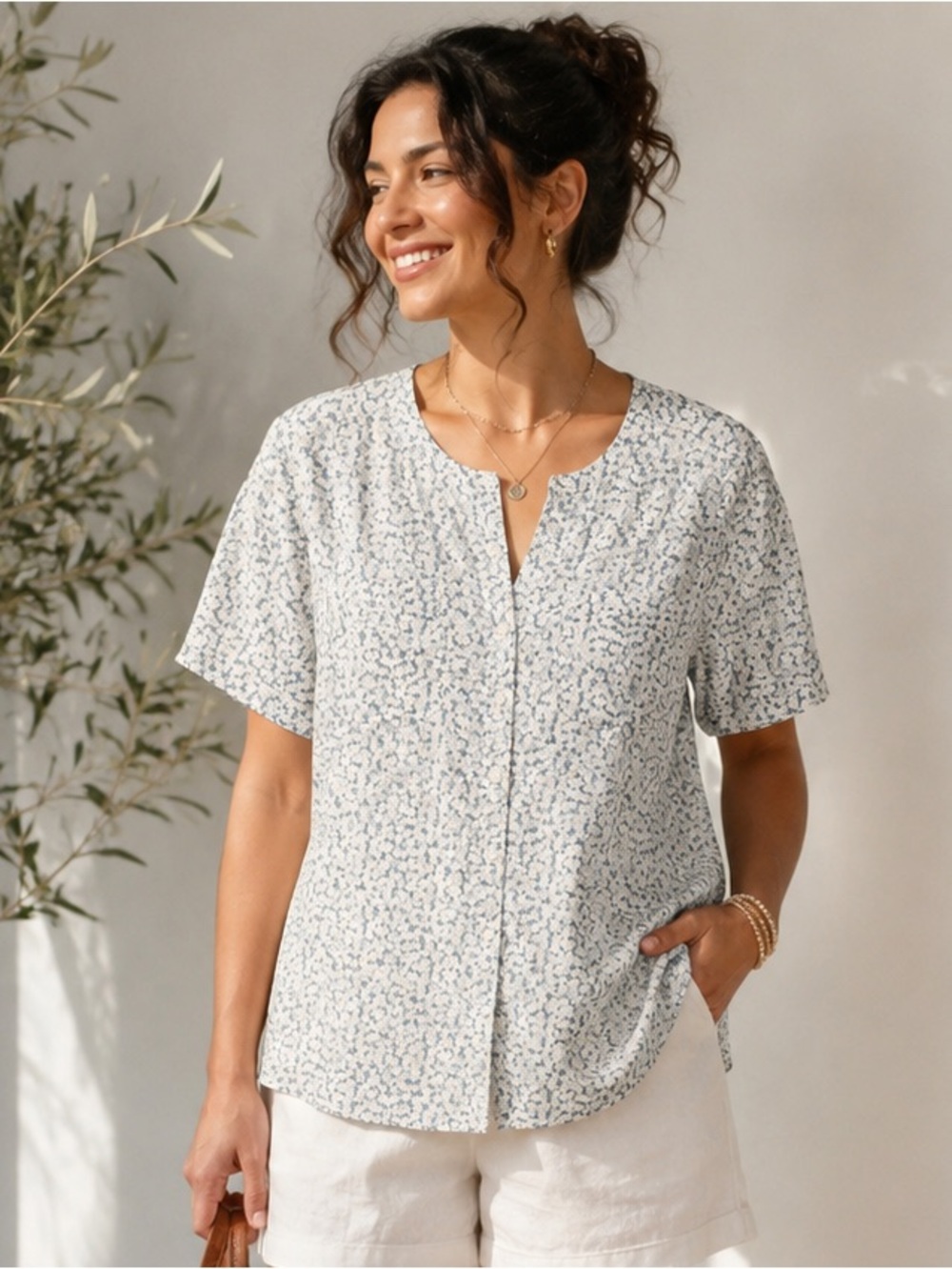 Karen Scott 100% Cotton Floral Button Front Cottagecore Feminine Short Sleeve